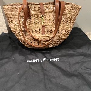 SAINT LAURENT Panier monogram small raffia tote